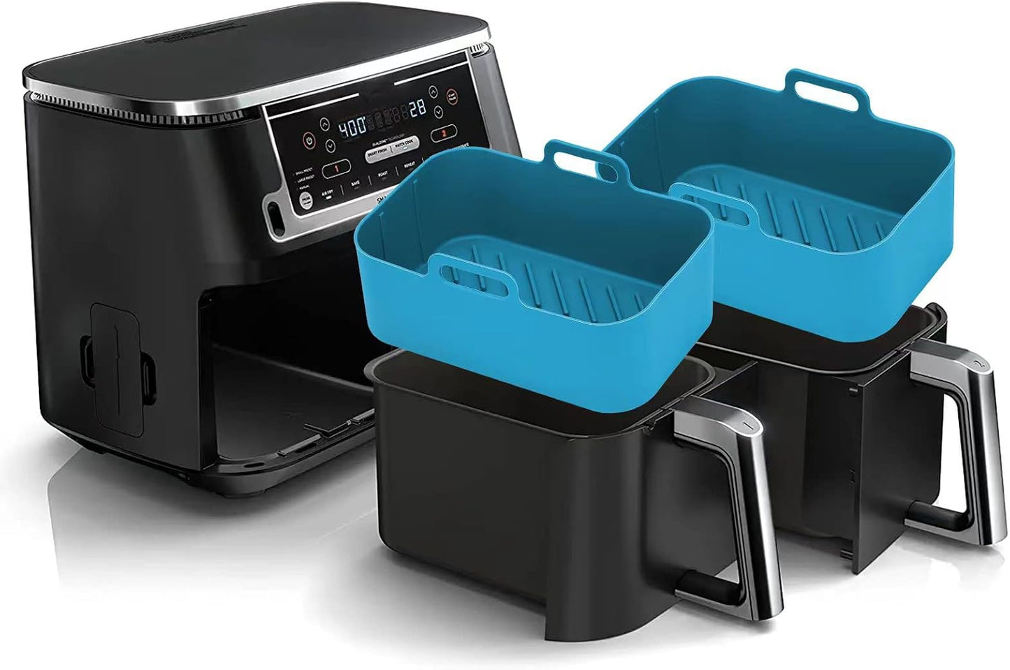 2Pcs Air Fryer Silicone Liners Rectangular for Ninja Foodi Dual DZ201 8QT | DZ090 6QT/Ninja DoubleStack SL201 8QT, MMH Reusable Airfryer Pot Baking Basket | Non-stick | Easy Cleaning | Food Safe | Gray