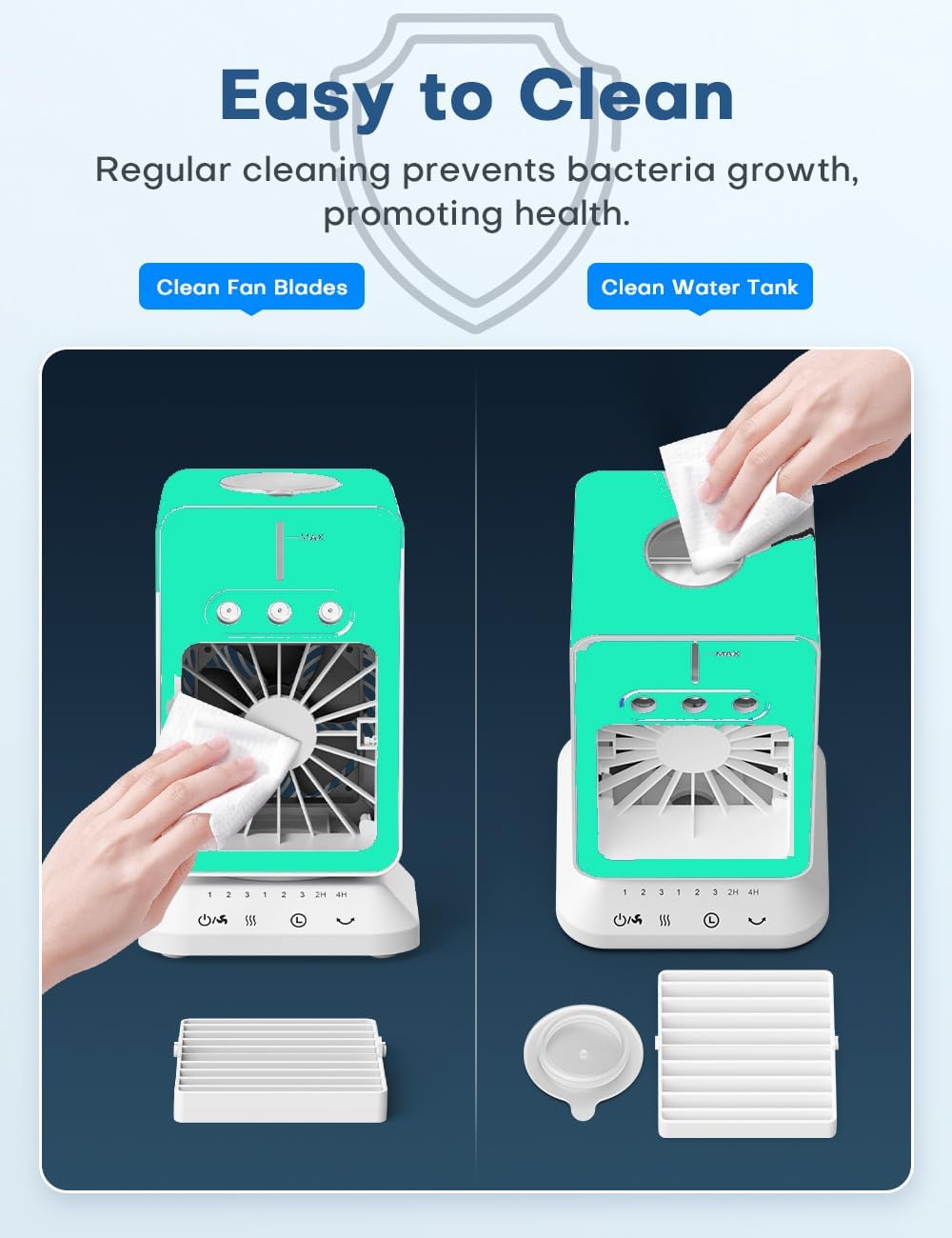 Portable Air Conditioners 4 Modes&3 Speeds,4 Ice Packs, Waterless Alert System, 12H Timer, Remote,1 Gal Detachable Water Tank, 70°Oscillation Windowless Evaporative Air Cooler for Room Office