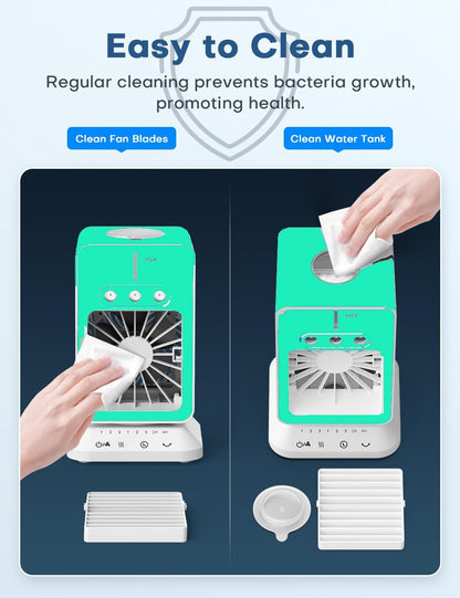 Portable Air Conditioners 4 Modes&3 Speeds,4 Ice Packs, Waterless Alert System, 12H Timer, Remote,1 Gal Detachable Water Tank, 70°Oscillation Windowless Evaporative Air Cooler for Room Office