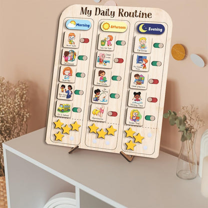 My Daily Routine Chart for Kids 11x14 Inch – Wooden Chore Chart with Morning Afternoon Evening Sections, Visual Schedule Board with Sliding Trackers & Star Reward System for Toddlers