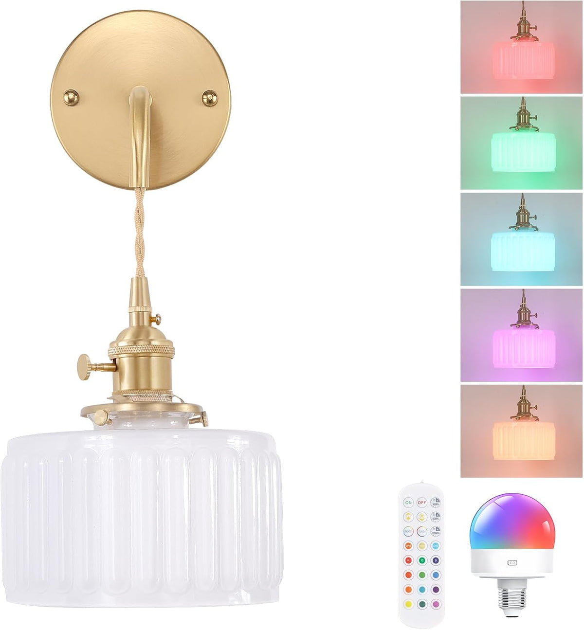 Shenmoyl Battery Operated Wall Sconce with Green Striped Shade Pattern Glass Adjustable Chain Retro Gold Wall Mounted Light, Modern Wall Lamp Fixtures Decor for Bedside Bedroom Indoor Doorway