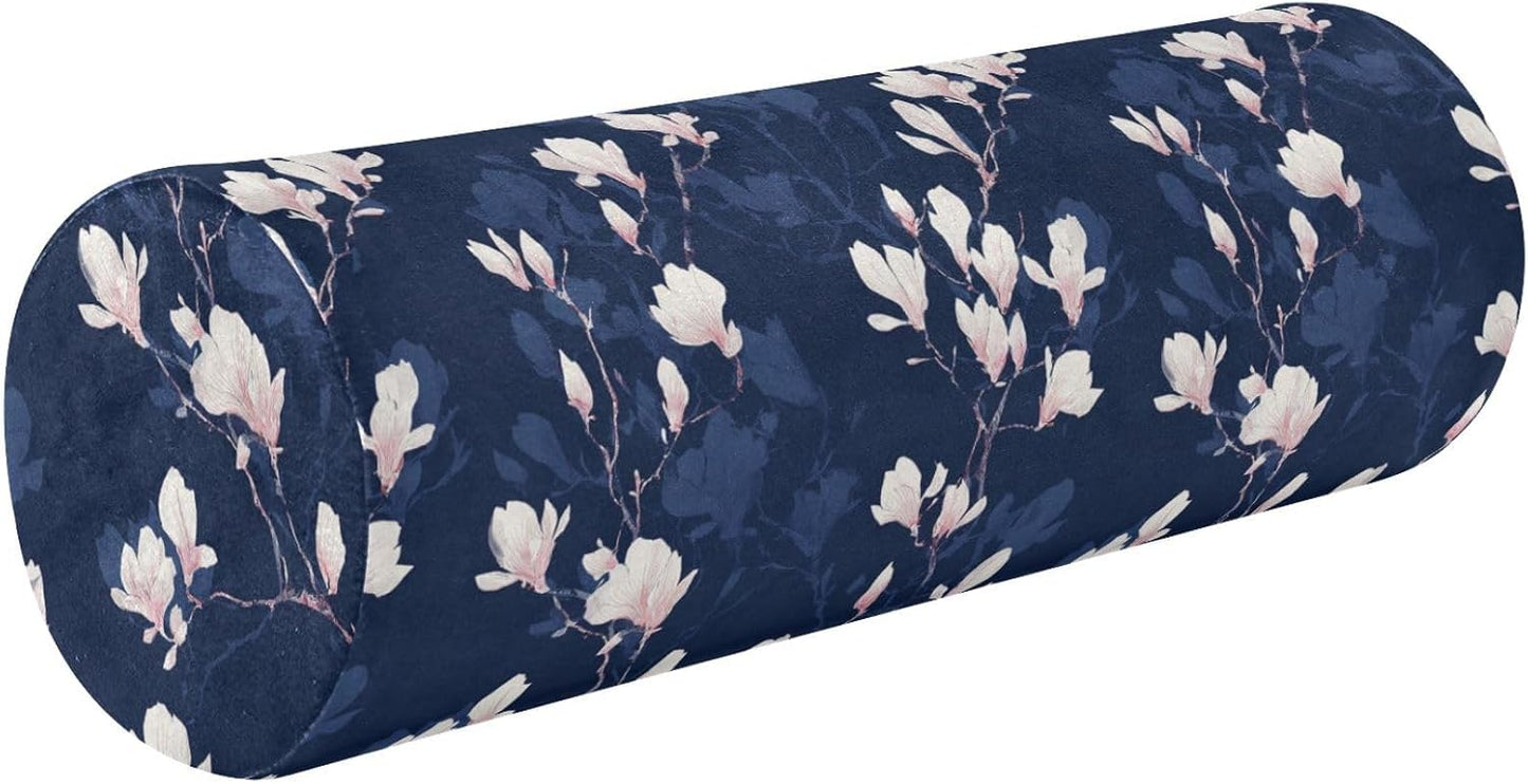Gredecor Cervical Neck Roll Pillow Magnolia White Flowers on Navy Blue Round Memory Foam Pillows Cylinder Bolster Pillow with Washable Cover, Pain Relief Neck Pillows for Sleeping Support, 5.5x17IN