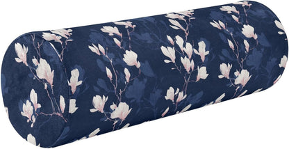 Gredecor Cervical Neck Roll Pillow Magnolia White Flowers on Navy Blue Round Memory Foam Pillows Cylinder Bolster Pillow with Washable Cover, Pain Relief Neck Pillows for Sleeping Support, 5.5x17IN