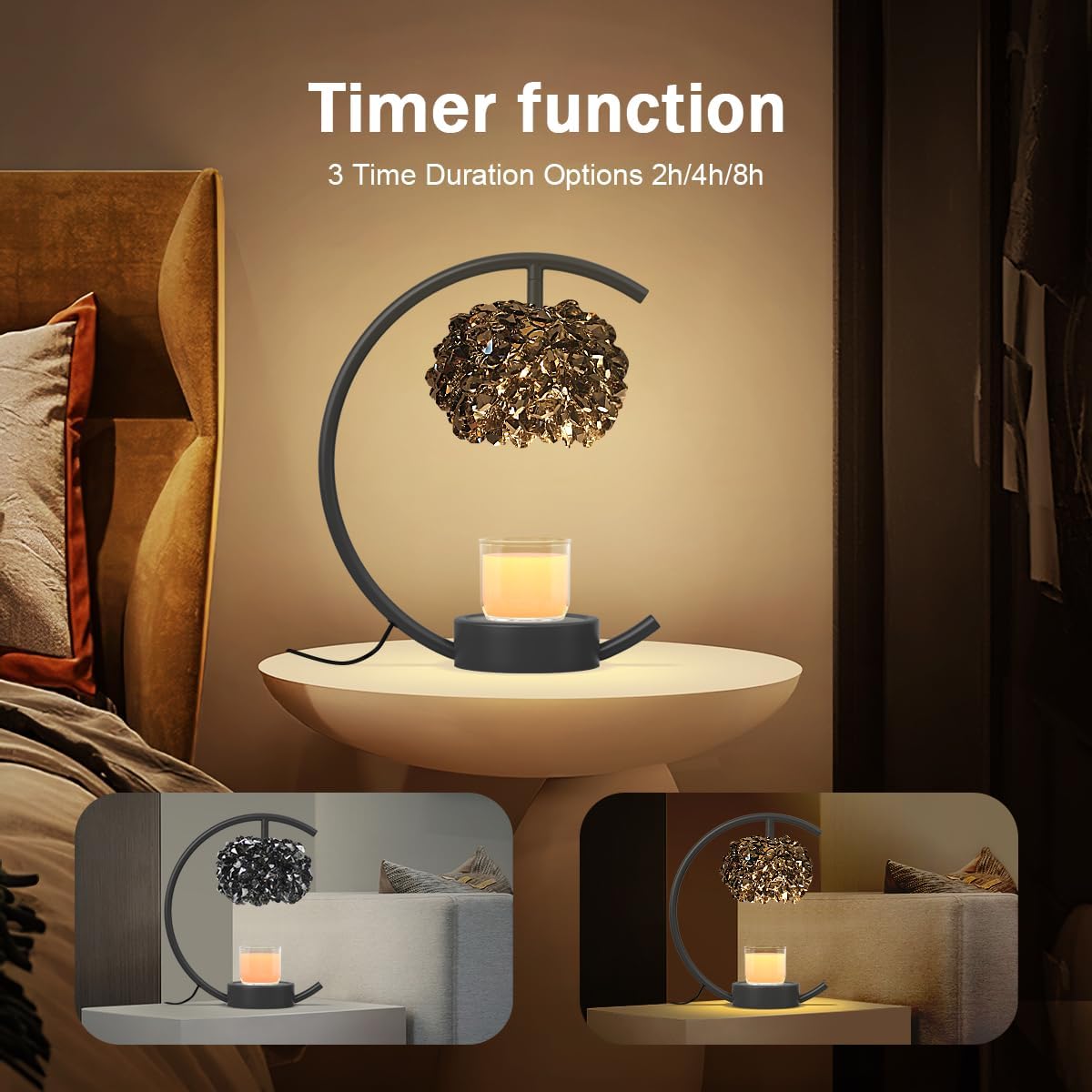 Yeuslor Gold Candle Warmer Lamp for Jar Candles with Adjustable Brightness＆Timer，Handcrafted Crystal＆Wooden Base, Luxurious Design,Home Decoration Electric Candle lamp(C-Shaped)