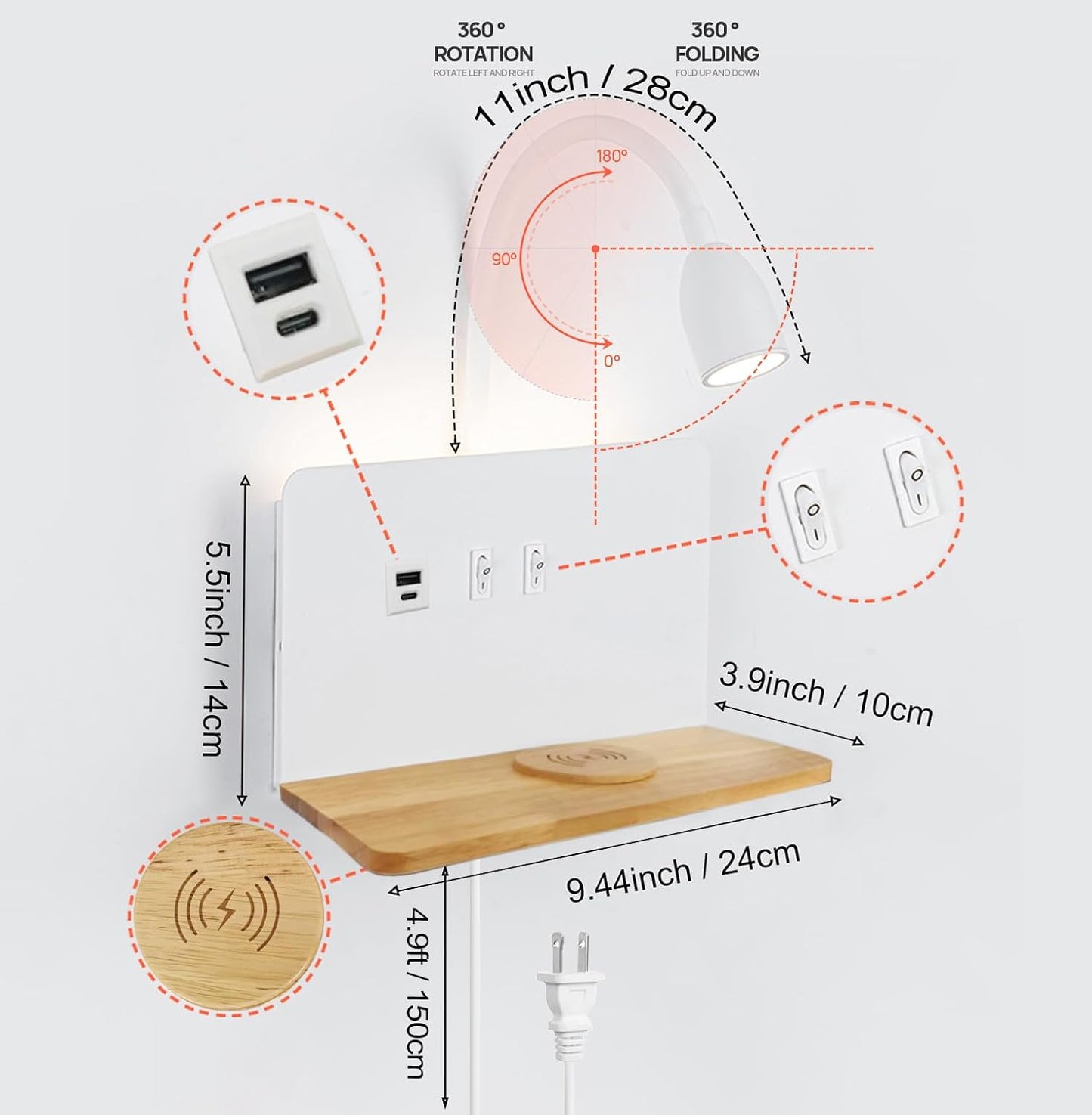 Bedside Wall Sconce with Wireless Charging Station & USB Charging, 3 Adjustable Color Temperatures LED Reading Light, 3000K Warm Ambient lighting Wall Mounted Sconce for Bedroom, Plug-in or Hardwired
