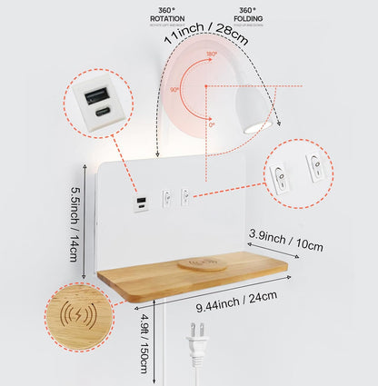 Bedside Wall Sconce with Wireless Charging Station & USB Charging, 3 Adjustable Color Temperatures LED Reading Light, 3000K Warm Ambient lighting Wall Mounted Sconce for Bedroom, Plug-in or Hardwired