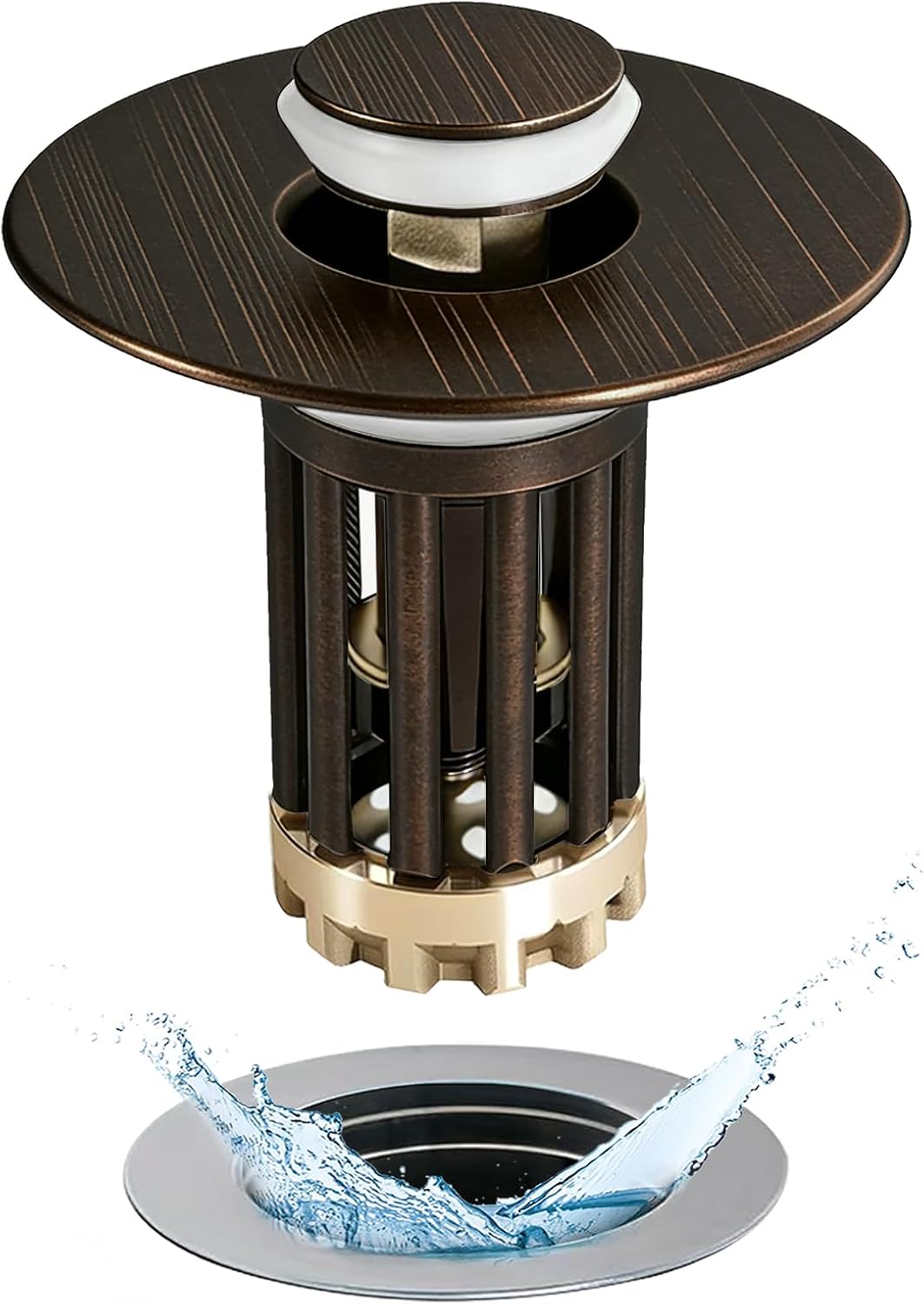 Anlige Bathroom Sink Drain Strainer, 3 in 1 Pop Up Bathroom Sink Stopper with Removable Brass Basket Hair Catcher, Universal Sink Plug for 1.06 to 1.6in Drain Hole, Chrome Silver
