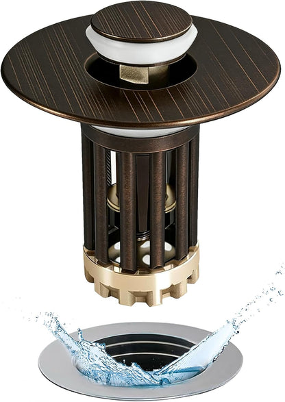 Anlige Bathroom Sink Drain Strainer, 3 in 1 Pop Up Bathroom Sink Stopper with Removable Brass Basket Hair Catcher, Universal Sink Plug for 1.06 to 1.6in Drain Hole, Chrome Silver