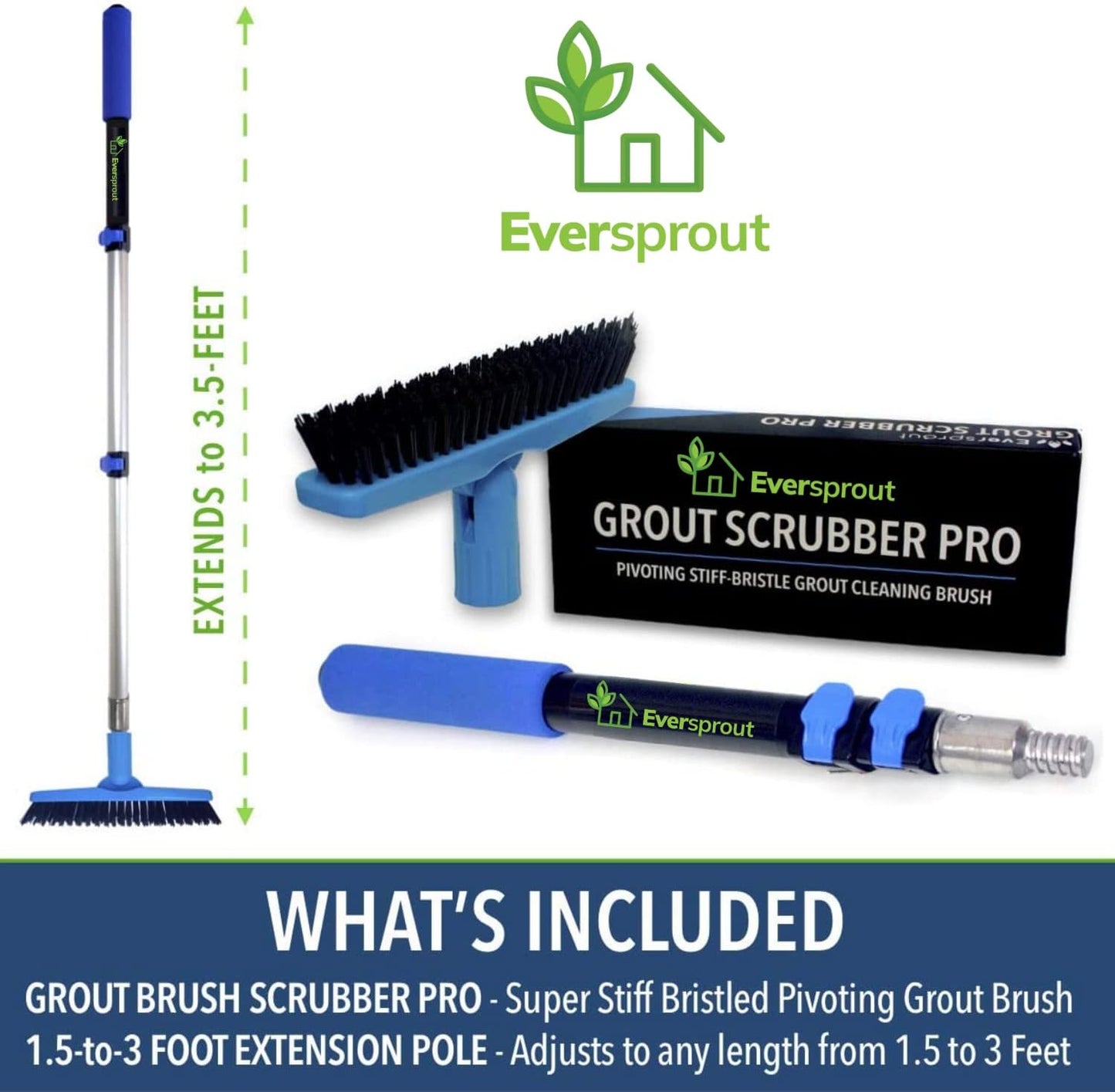 EVERSPROUT 1.5-to-3 Foot Grout Brush Scrubber Pro w/Long Handle Pole | Stiff V-Shape Bristles Built for Corners & Tough Grime | Swivel Design Cleans Shower Tile, Kitchen, Bathroom, Outdoor Concrete