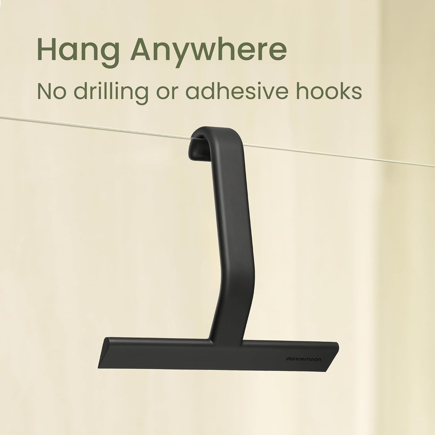 JustHang Shower Squeegee with Built-in Hook, 10-Inch Black | Award-Winning Design, All-One-Piece Soft-Touch Silicone, for Glass Door, Bathroom, Window, Mirror, Tile Wall, Car