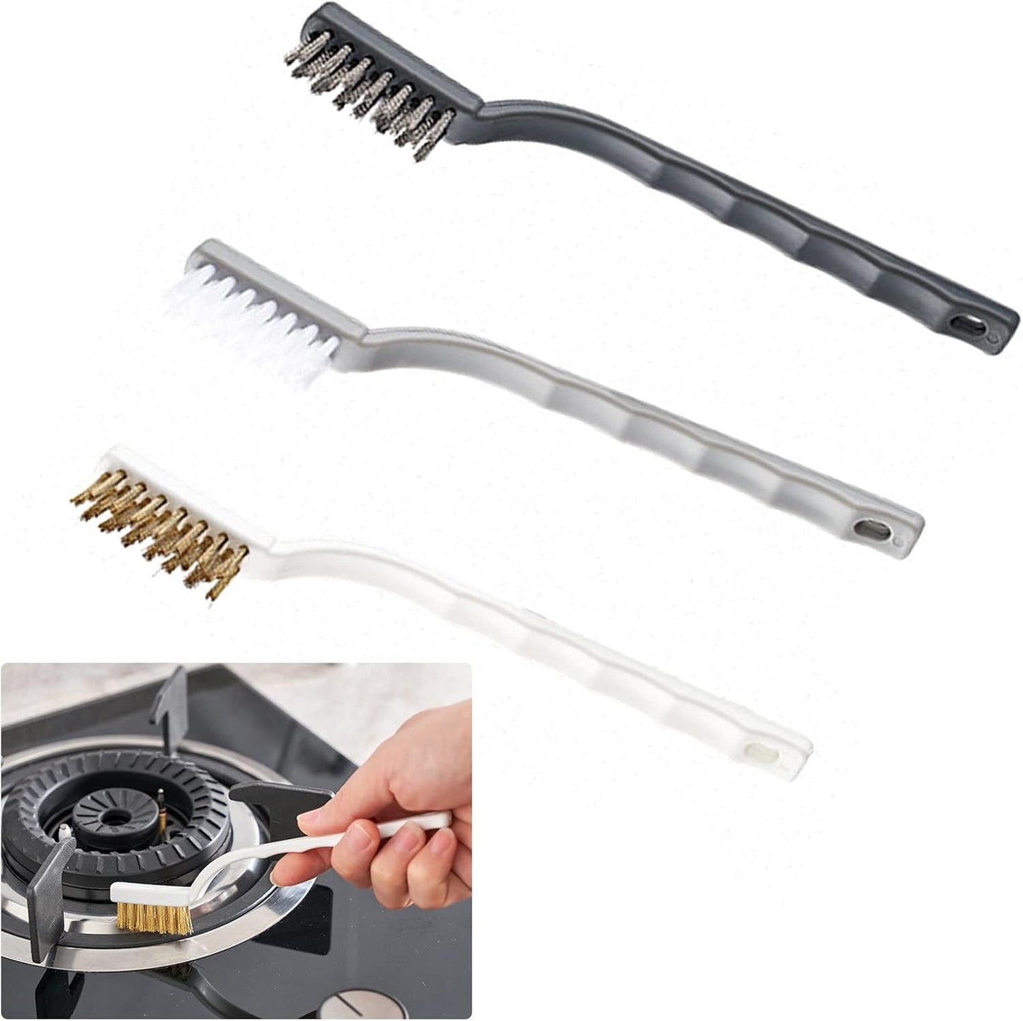 Set of 3 Kitchen Cleaning Scrubbers - Wire Brush (Stainless Steel + Brass + Nylon) for Range Hood Grease, Grime and Rust