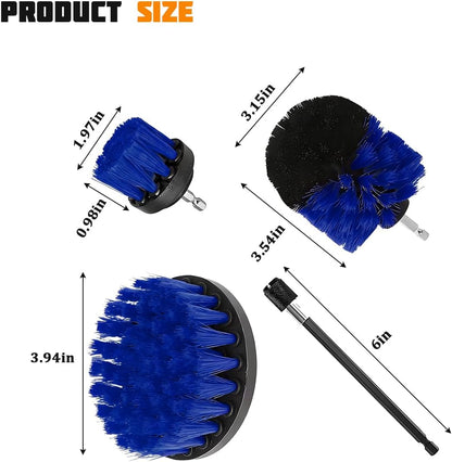 4PCS Drill Brush Attachment Kit with Extension Rod, Red | PP bristles with steel shafts, three brush sizes, quick-change extension rod, follows curved surfaces, compact storage