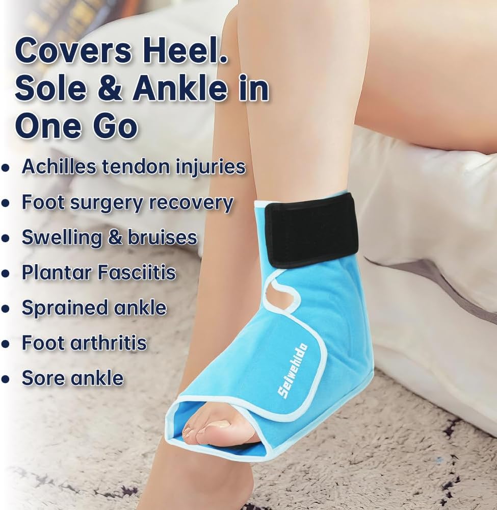 Ankle Ice Pack Wrap for Heel Foot Swelling Pain Relief, Reusable Large Hot Cold Gel Pack for Sprain, Achilles Tendonitis, Arthritis, Plantar Fasciitis, Post-Surgery, Sports Injury (Black,1pcs)