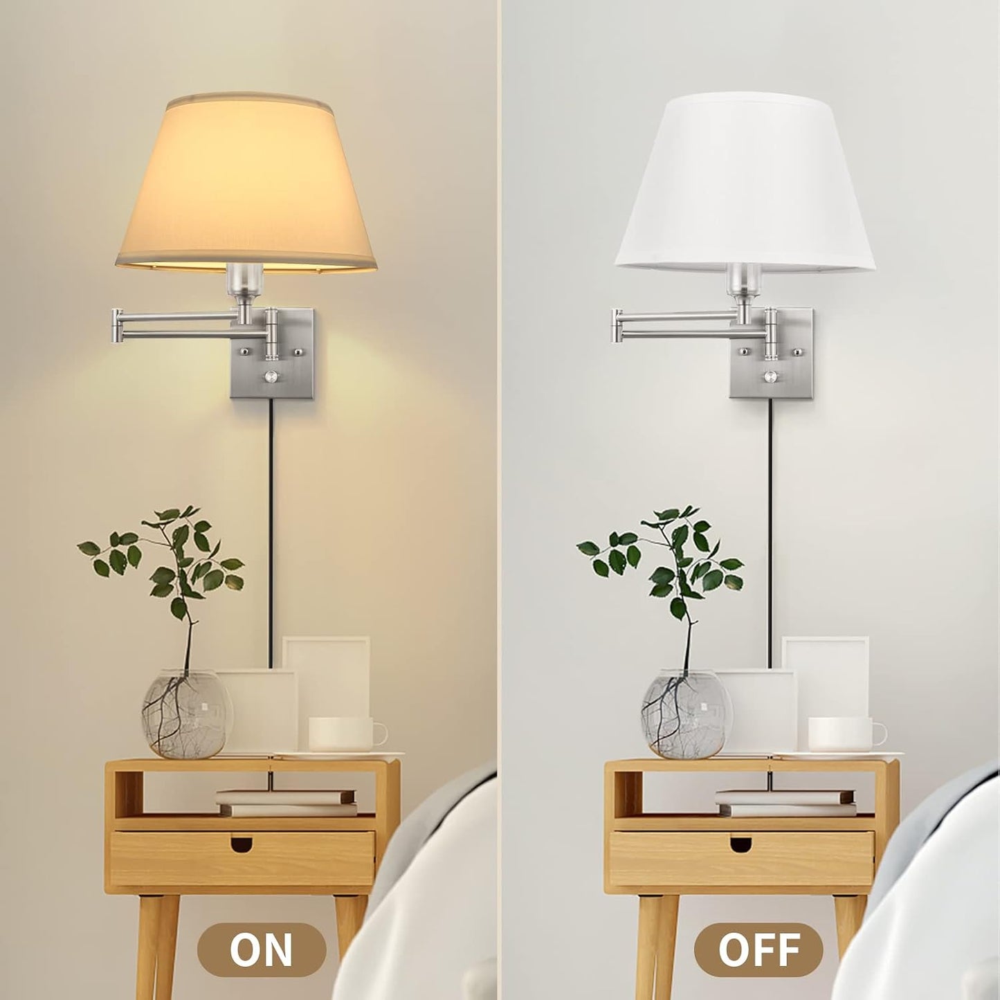 TRLIFE Wall Sconce Plug in, Dimmable Wall Sconces Set of Two Swing Arm Wall Lights with Plug in Cord and On/Off Dimmer Rotary Switch, 9.4" Medium Beige Fabric Shade(2 Pack, 2 Bulbs)