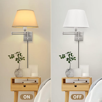 TRLIFE Wall Sconce Plug in, Dimmable Wall Sconces Set of Two Swing Arm Wall Lights with Plug in Cord and On/Off Dimmer Rotary Switch, 9.4" Medium Beige Fabric Shade(2 Pack, 2 Bulbs)