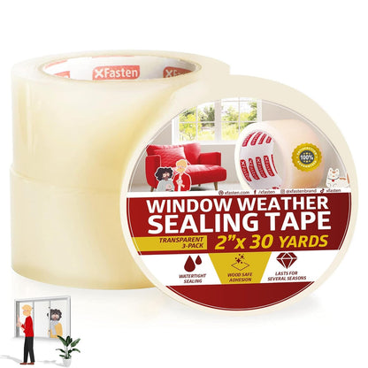 XFasten Transparent Window Weather Stripping Tape 2”x30yds (3-Pack Total 90yds), No Residue Insulation Tape for Windows and Doors, Winter Window Seal
