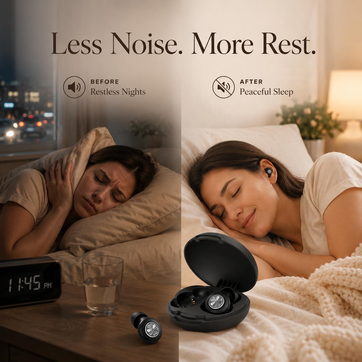HEKKE 45dB Ear Plugs for Sleeping, Soft Silicone for Side Sleepers, 4 Sizes | Reusable soft silicone with XS/S/M/L sizes for side sleepers, concerts, flights and hotels; carrying case included.