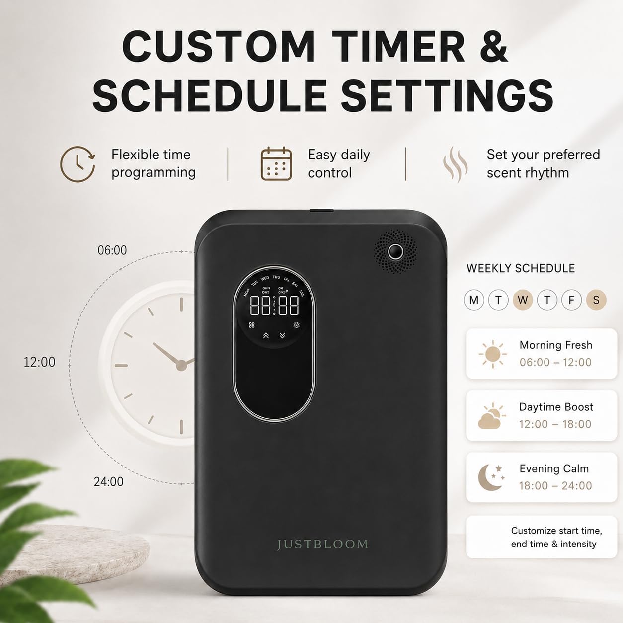 JUSTBLOOM Hotel Essential Oil Diffuser, Waterless Fragrance Diffuser | Up to 4000 Sq Ft: Smart App Control, Cold Air Diffusion, ,360° Ambient Light, Auto Shut-Off, Premium Aluminum Design