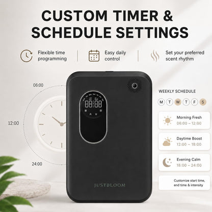 JUSTBLOOM Hotel Essential Oil Diffuser, Waterless Fragrance Diffuser | Up to 4000 Sq Ft: Smart App Control, Cold Air Diffusion, ,360° Ambient Light, Auto Shut-Off, Premium Aluminum Design