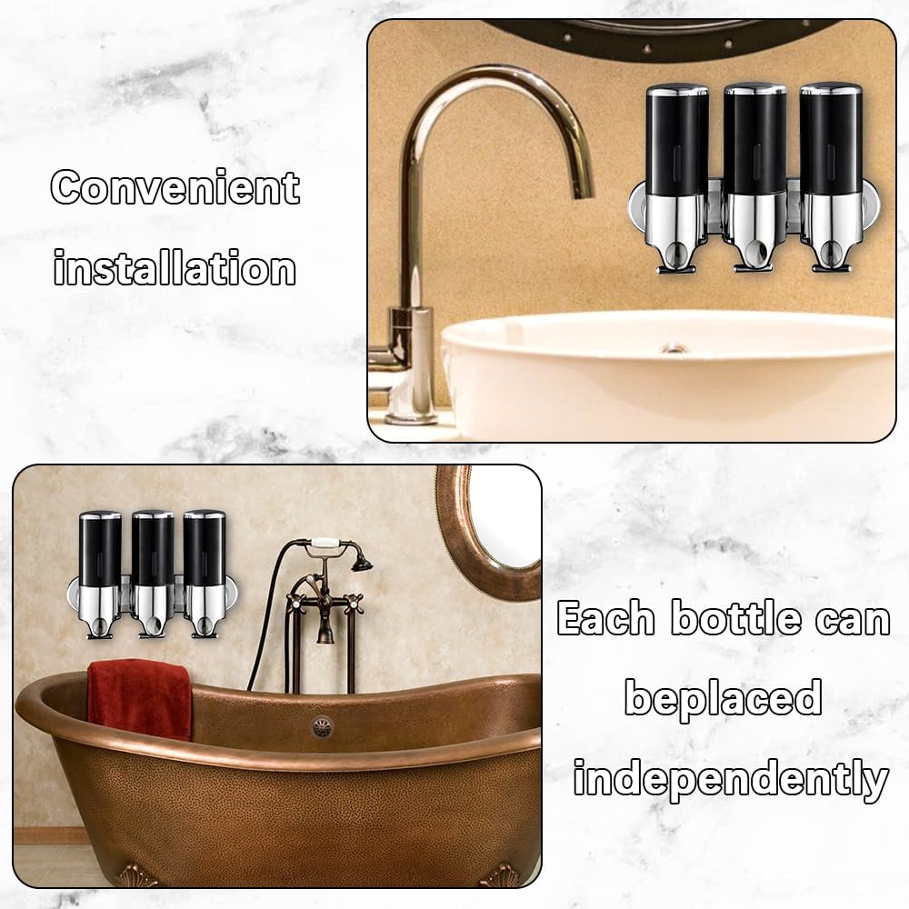 3 in 1 Chamber Wall Mounted Shampoo and Conditioner Dispenser (Silver) | No Drill Shower Soap Dispenser for Bathroom & Hotel Leak-Proof Pumps, Easy Installation and Large Capacity