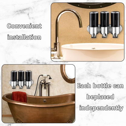 3 in 1 Chamber Wall Mounted Shampoo and Conditioner Dispenser (Silver) | No Drill Shower Soap Dispenser for Bathroom & Hotel Leak-Proof Pumps, Easy Installation and Large Capacity