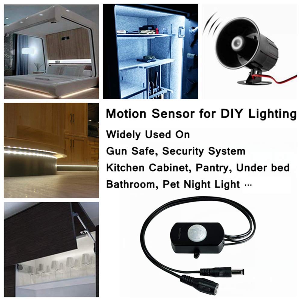 SENSKY BS010L DC 12V to 30V 3A Mini Pir Motion Sensor Switch,Occupancy Sensor Switch for Gun Safe, Kitchen Cabinet, Pantry, Closet led lighting (Black-With Light Sensor)