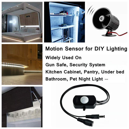 SENSKY BS010L DC 12V to 30V 3A Mini Pir Motion Sensor Switch,Occupancy Sensor Switch for Gun Safe, Kitchen Cabinet, Pantry, Closet led lighting (Black-With Light Sensor)
