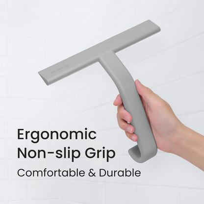 JustHang Shower Squeegee with Built-in Hook, 10-Inch Black | Award-Winning Design, All-One-Piece Soft-Touch Silicone, for Glass Door, Bathroom, Window, Mirror, Tile Wall, Car