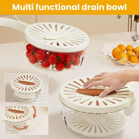 Fruit Washing Wowl with Strainer, 2026 New Multipurpose Drain Basket with Lid, 2 in 1 Fruit Drainer Container with Foldable Handle for Refrigerator Kitchen (White, 1PCS)