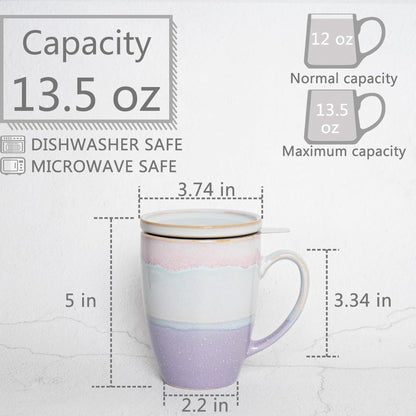 Bosmarlin Ceramic Tea Cup with Infuser and Lid, 13.5 Oz, 4 Colors to Choose, Microwave and Dishwasher Safe, Steeping Tea Mug with Strainer, Reactive Glaze (Purple)