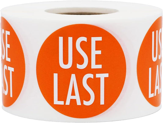 Orange with White USE Last Stickers 1.5 Inch Round Circle Dots 500 Adhesive Labels On A Roll for FIFO Inventory Rotation Stock Management and Food Prep Organization Made in the USA