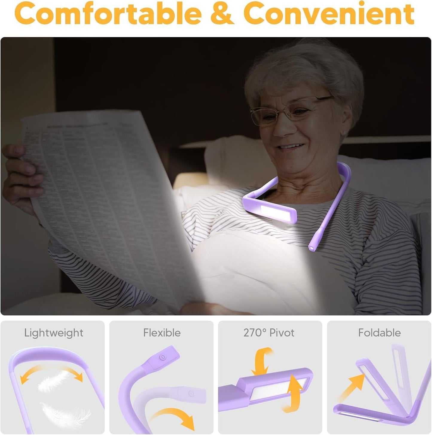 Neck Reading Light Book Lovers Gifts, Rechargeable 80Hrs Eye-friendly 3 Colors & Stepless Dimming Book Light for Reading, Christmas Stocking Stuffers for Men Women Camping Knitting Crochet Accessories