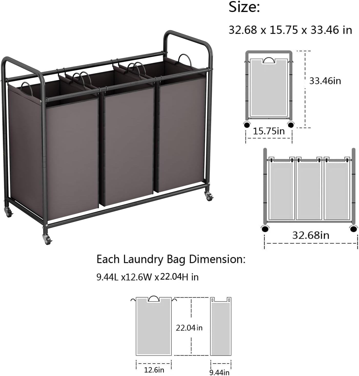 LINZINAR 3 Section Laundry Hamper, Black Laundry Basket 135L Laundry Sorter | Laundry Room Organization with Heavy Duty Rolling Lockable Wheels and Removable Bag, Bedroom Laundry Cart for Clothes Storage