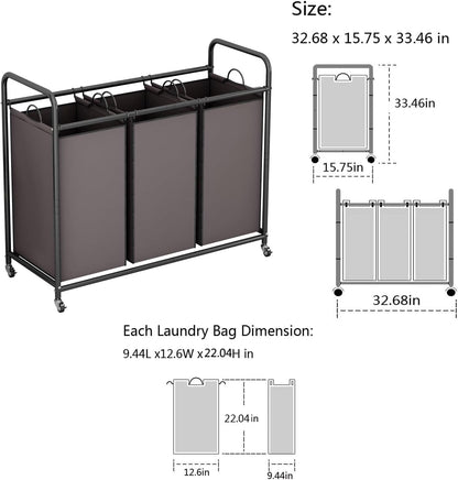 LINZINAR 3 Section Laundry Hamper, Black Laundry Basket 135L Laundry Sorter | Laundry Room Organization with Heavy Duty Rolling Lockable Wheels and Removable Bag, Bedroom Laundry Cart for Clothes Storage