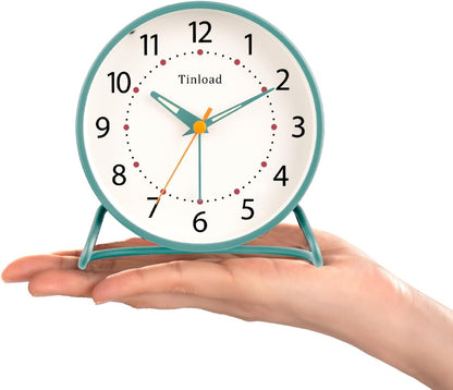 Tinload 4.5" Battery Operated Analog Alarm Clock, Small Silent Bedside Desk Clock with Night Light, Blue