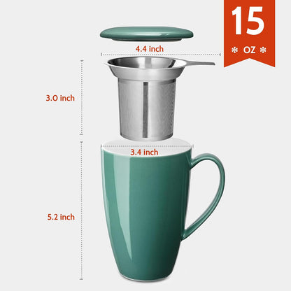 Sweese 15oz Porcelain Tea Mug with Infuser and Lid – Microwave Safe, Ergonomic Handle, Lead-Free Glaze, for Loose Leaf Tea