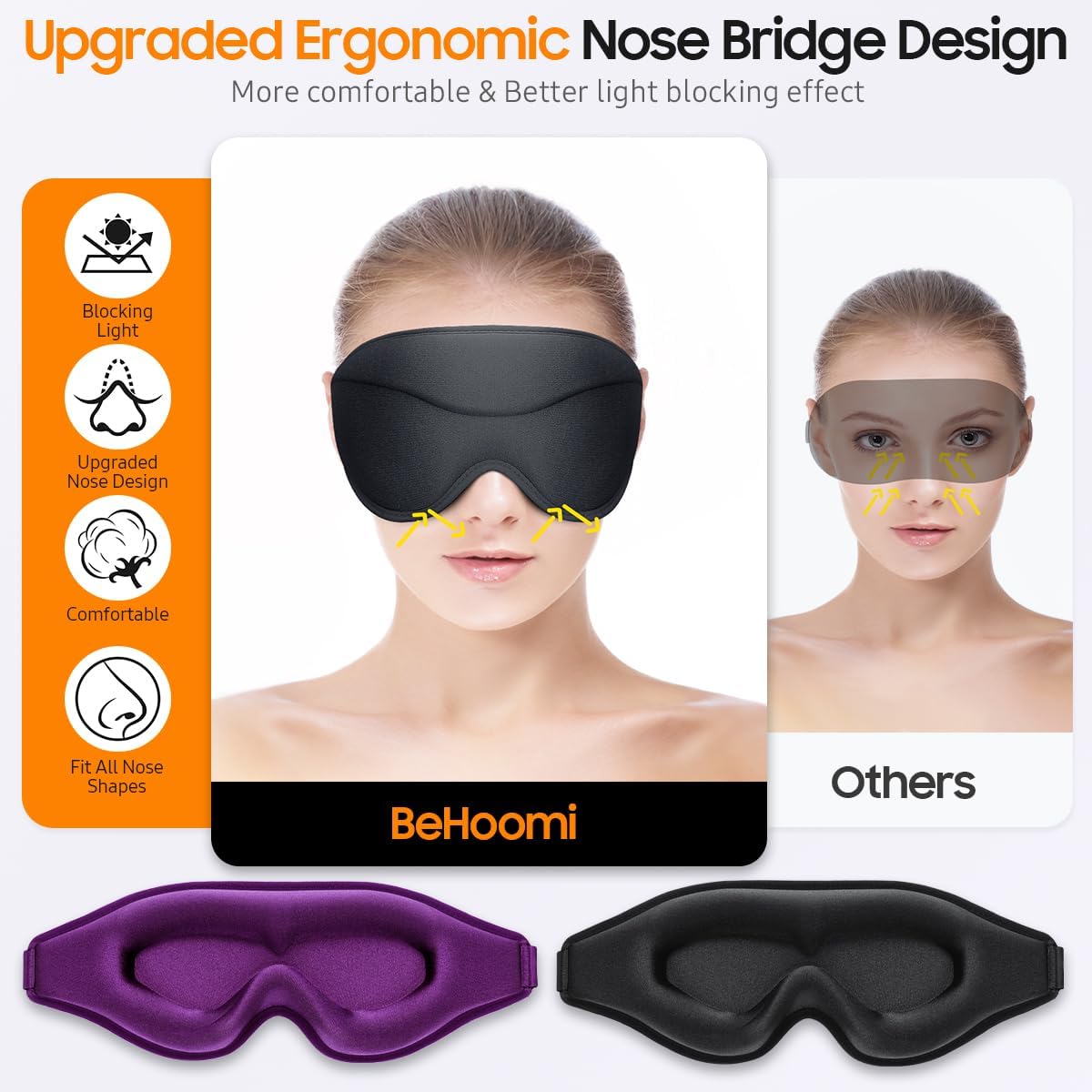 BeHoomi Sleep Mask, Premium Eye Mask for Sleeping, Total Blackout, Super Soft Comfort, Adjustable Fit, Upgraded 3D Ergonomic Designed Sleeping Mask for Home, Office, Travel, Meditation, Yoga, Pink