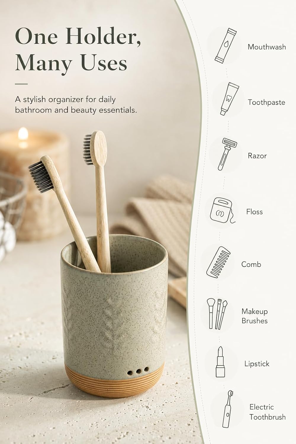 LYEOBOH Ceramic Toothbrush Cup, Cute Toothbrush Holder with Drainage White | Farmhouse Toothbrush Container, Countertop Toothbrush Organizer, Toothbrush Storage for Bathroom Vanity & Countertop