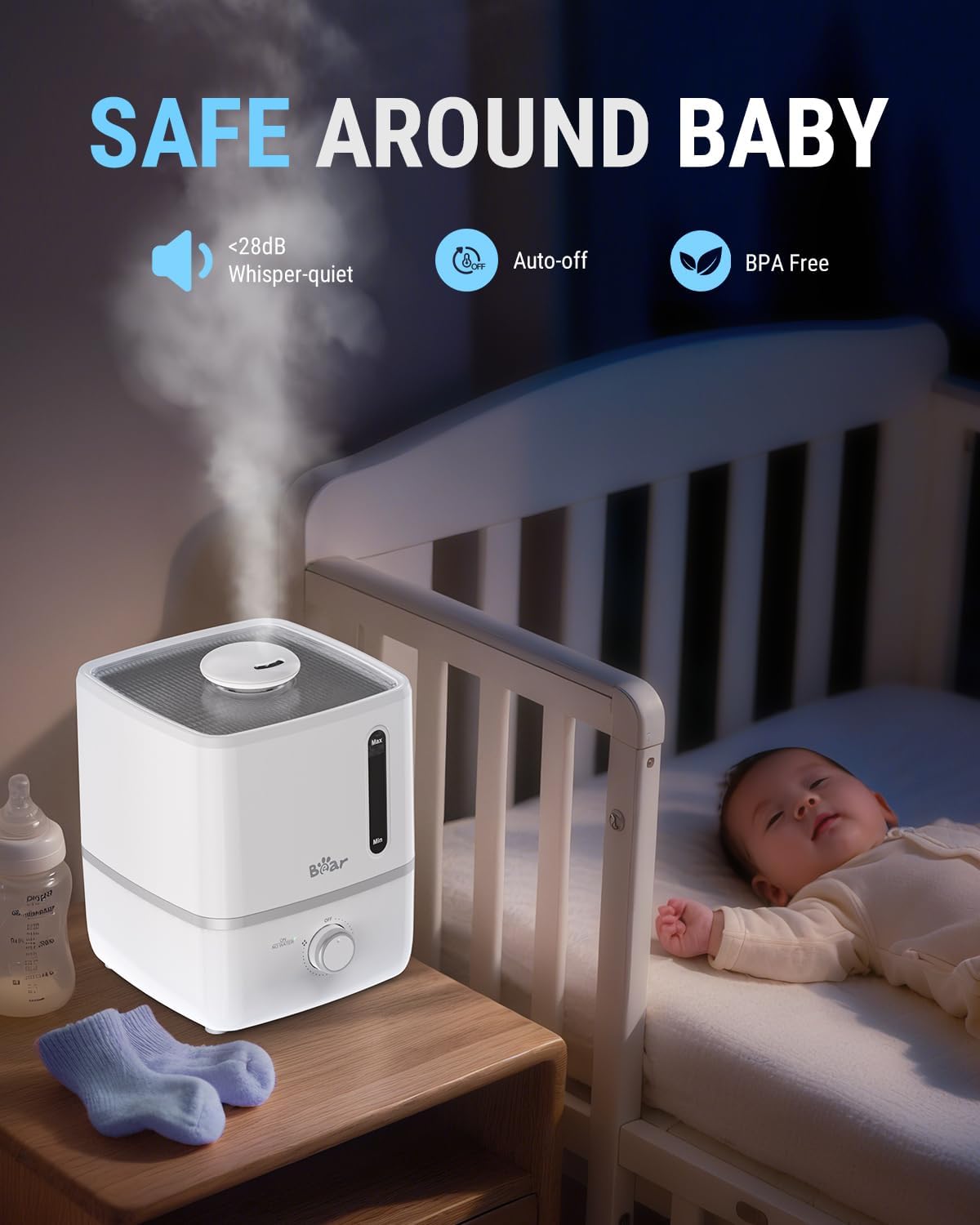 Bear 2.5L Cool Mist Humidifier & Oil Diffuser for Bedroom, White | Quiet & Rapid Mist for Whole-house Use with Adjustable Output and Auto Shut-off