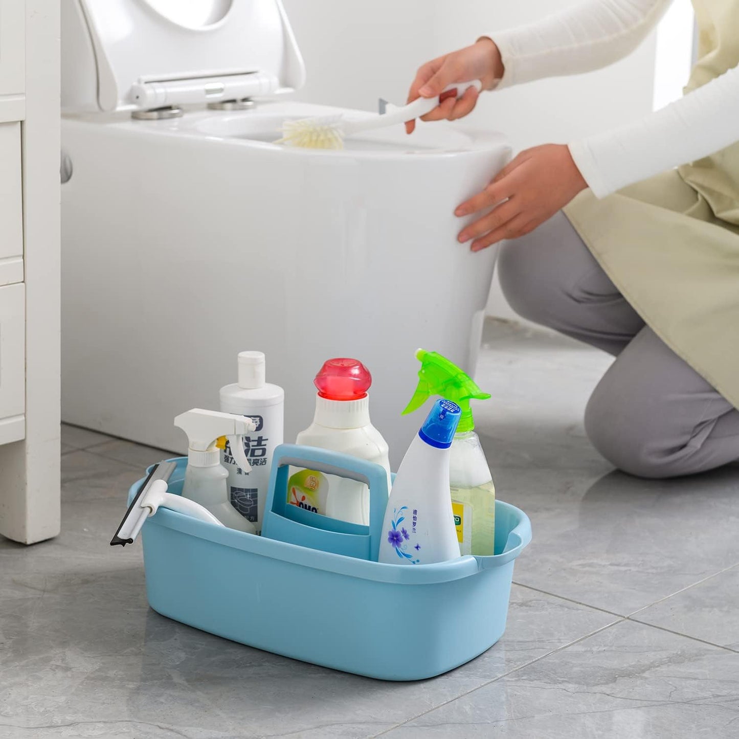 Haundry Large Cleaning Caddy with Handle, Cleaning Tool Storage Basket Organizer, Sturdy Pail Bucket Organizer, Household Bucket for Cleaning Supplies - Clear