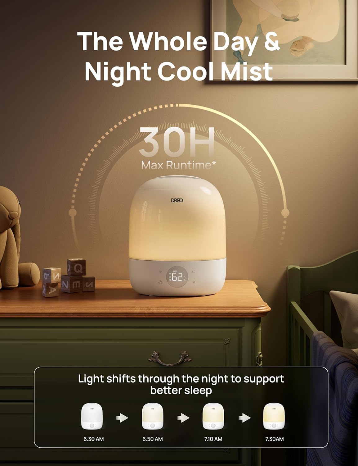 DREO Smart Humidifiers for Bedroom Baby, 30H & 28dB for Nursery | Top Fill Cool Mist Humidifiers, 1500+RGB Lights & Sleep Trainer, Air Humidifier for Plants, HM490，2-pack