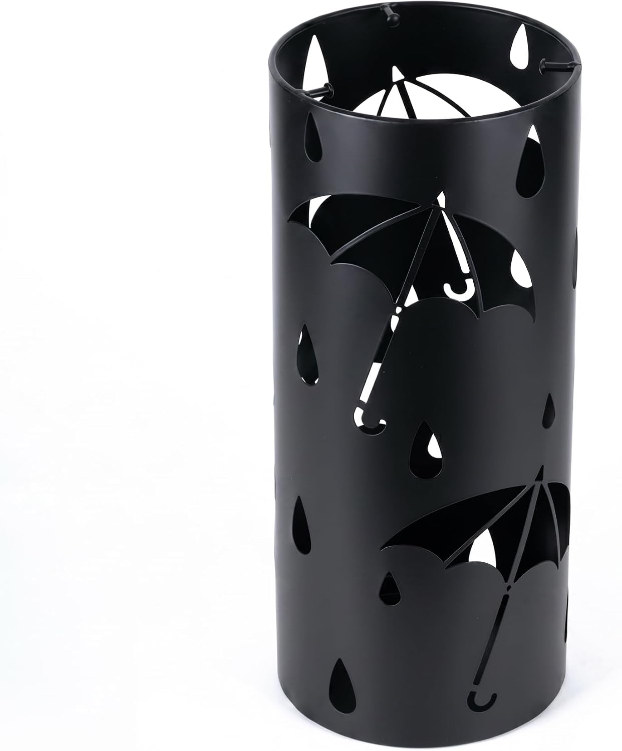 BEWBBAT Metal Umbrella Stand Rack for Entryway, Black Round Free Standing Umbrella Holder Organizer Bin with 3 Hooks for Walk Stick, Home Office Indoor, 17 x 7 Inch