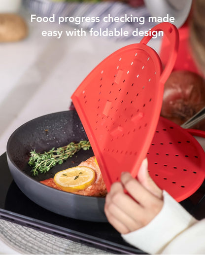 Silicone Splatter Screen, 2-in-1 Trivet & Splatter Screen, Black | Foldable BPA-free silicone guard blocks grease splatter, vents steam, opens for stirring, doubles as heat-resistant trivet