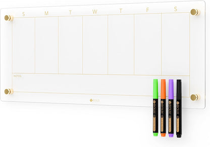 Yeoux Clear Glass Golden Weekly & Menu Dry Erase Calendar Board 15“x11 | Wall Mount, Non-Magnetic, Meal Planning & Grocery Shopping List Whiteboard for Kitchen & Home, 4 Markers