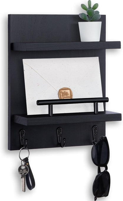 Key Holder Wall Mount, Mail Shelf Decor with 3 Key Hooks, Versatile Wood Wall Organizer for Entryway Hallway (8.2” x 10.6”x 3.6”) (White) | Farmhouse Key Hanger Holds Dog Leash, Sunglasses – Decorative Mail Organizer Home Decor