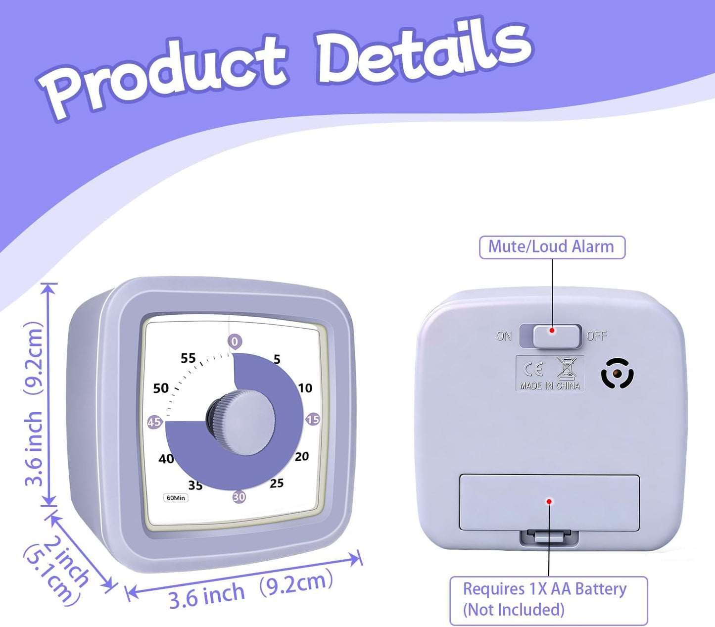 Visual Timer 60 Minute Timer Silent Countdown Clock – No Ticking, Gentle Ring with Mute Option, Timers for Kids Homework Classroom Management Kitchen Pasta, Adult Pomodoro & Deep Work, Purple