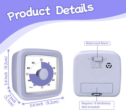 Visual Timer 60 Minute Timer Silent Countdown Clock – No Ticking, Gentle Ring with Mute Option, Timers for Kids Homework Classroom Management Kitchen Pasta, Adult Pomodoro & Deep Work, Purple