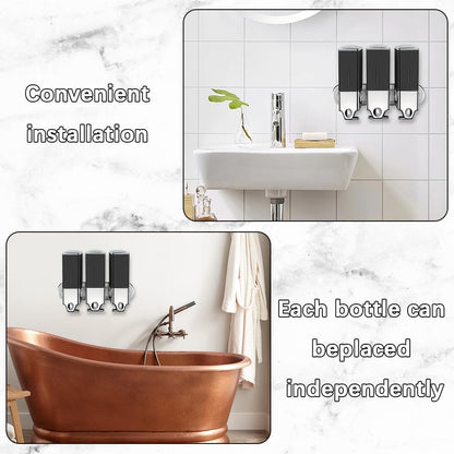 3 in 1 Chamber Wall Mounted Shampoo and Conditioner Dispenser (Silver) | No Drill Shower Soap Dispenser for Bathroom & Hotel Leak-Proof Pumps, Easy Installation and Large Capacity