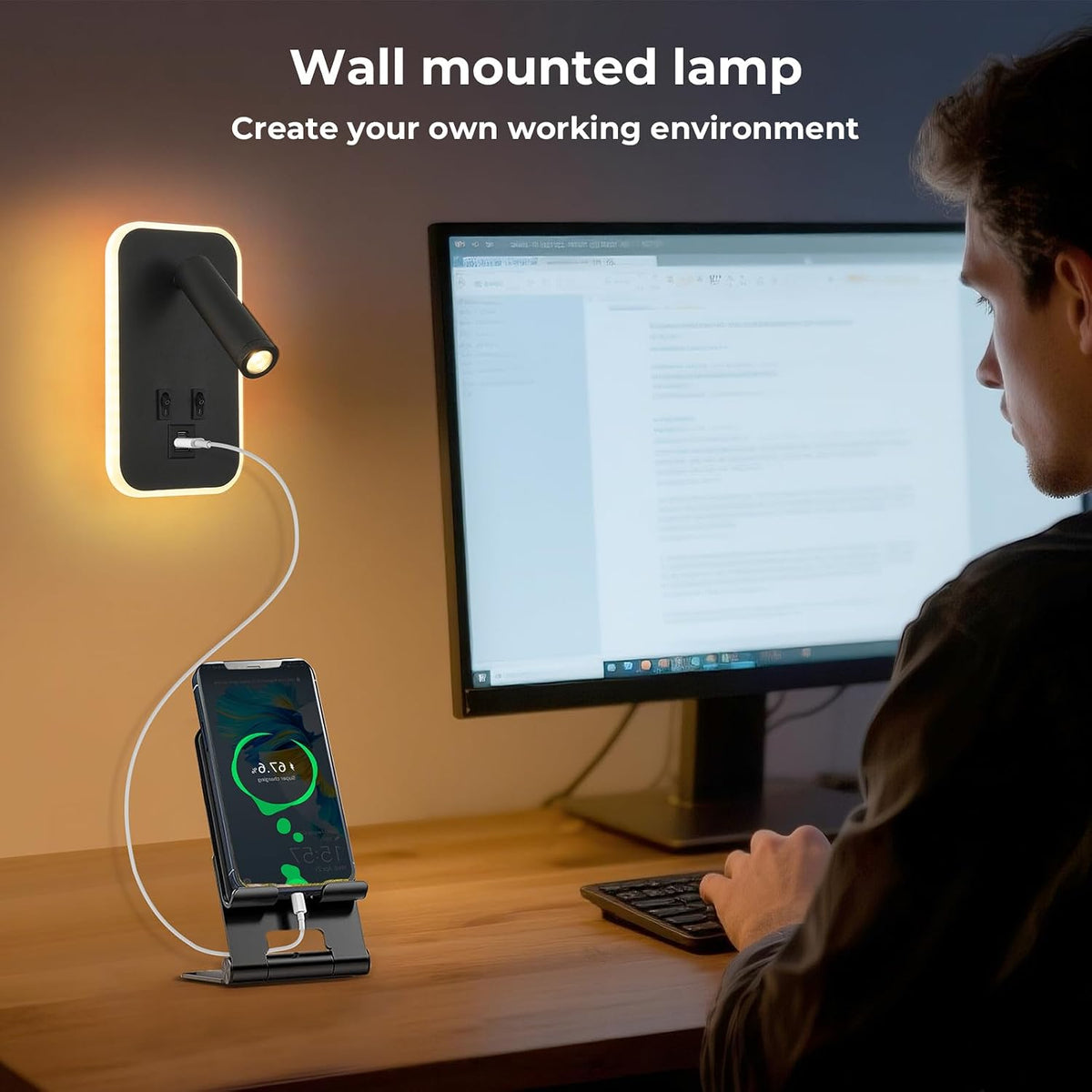 Wall Sconce Plug in with Wall Mounted Reading Lights,Modern Wall Lamp for Bedroom with Charging Station USB C+A Ports,Headboard Bedside Lamps with 3W+9W Night Light,3 Color Temperature