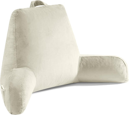 OAISZ Reading Pillow for Sitting in Bed with Shredded Memory Foam, Grey | 19-Inch Back Pillow for Sitting Up in Bed, Extended Arms, Side Pockets, Supportive Adjustable Pillow Removable Washable Cover